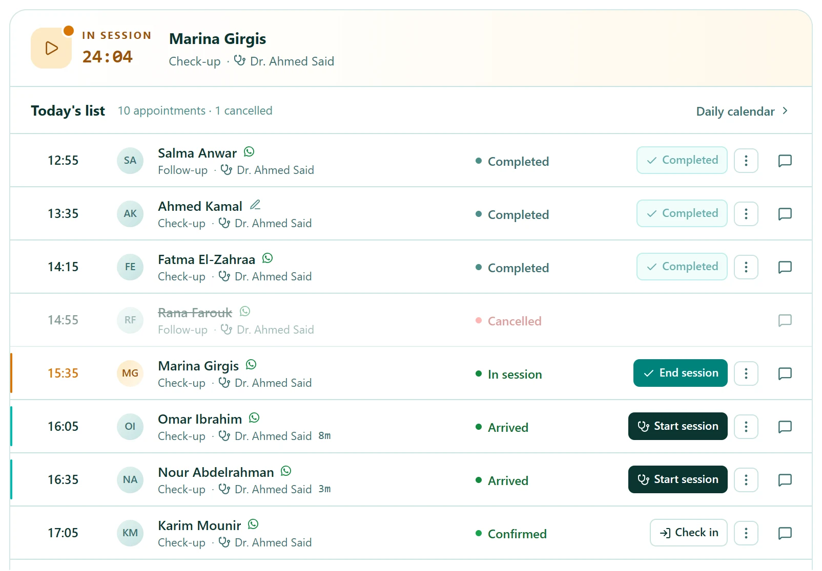 The autoCliniq daily list with four appointments. Each shows the time, the patient name, and the live status: confirmed, arrived, or in session. Each row has a WhatsApp marker and a one-tap action.